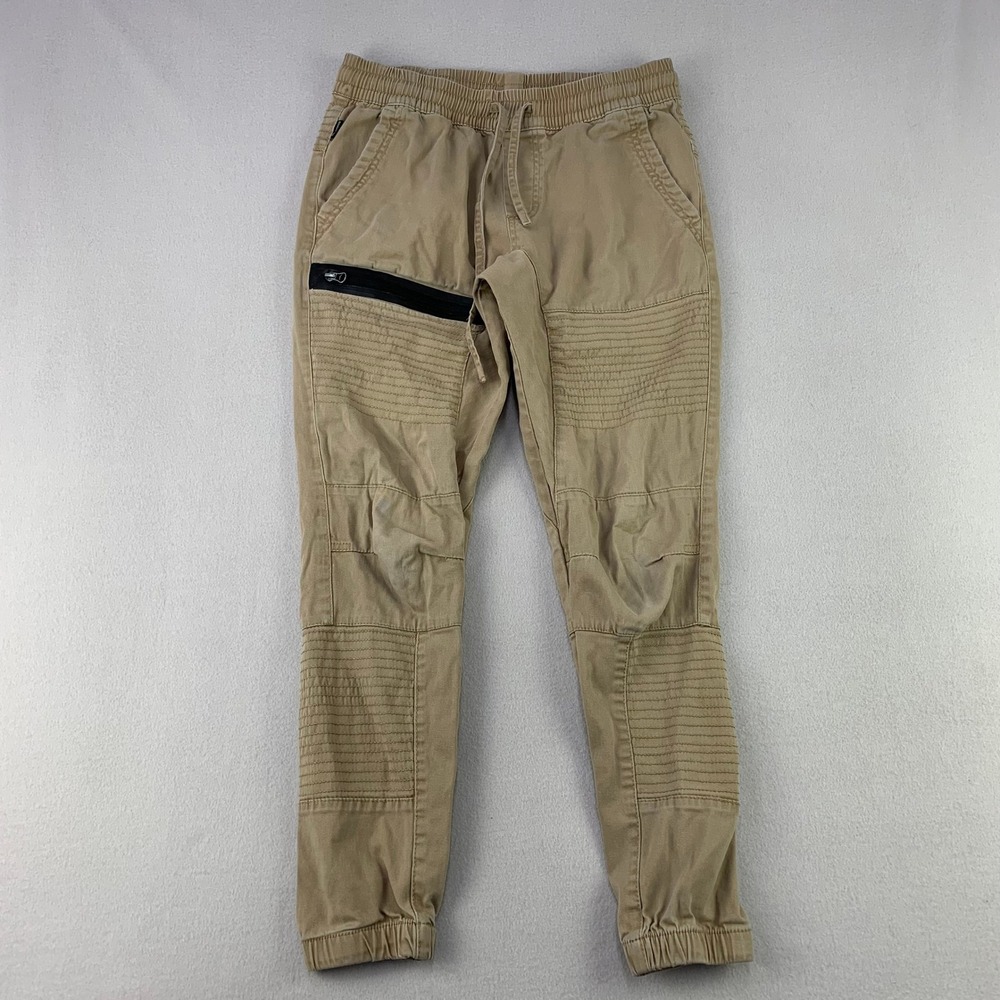 Ring of Fire Moto Jogger Pants‎ Mens Small Tan Khaki Biker Ribbed Zipper Pocket